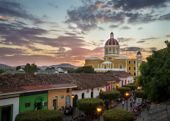 Cathedral and Calle La Calzada at sunset, Granada, Nicaragua