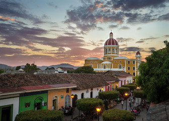 Cathedral and Calle La Calzada at sunset, Granada, Nicaragua