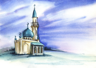 A light beige mosque with blue domes against a blue sky with white cirrus clouds. Real watercolor painting is hand-drawn. Watercolor Background