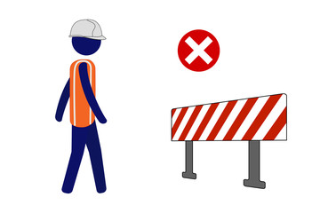 Isolated vector icon site worker walking forward even after seeing barrier.