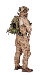 Special forces soldier with rifle on white background. army, military and people concept