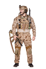 Special forces soldier with rifle on white background. army, military and people concept