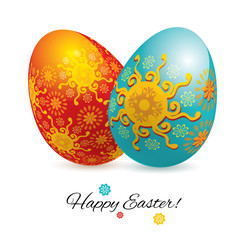 Red blue Easter eggs on the white background. Two Easter eggs with ornament