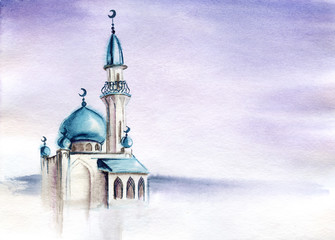 White mosque with blue domes against a blue sky with white cirrus clouds.