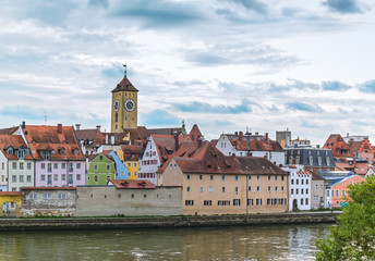 River bank in Old Town of Regensburg Bavaria, Germany. The evening