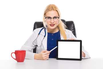 Woman head physician in white coat with tablet