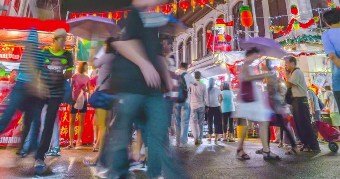 4k Timelapse of People in China town street near Buddha Tooth Relic Temple,Singapore , have many shop and tourism walking for shopping.