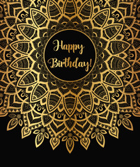 Vector golden zentangle mandala banner. Wish, congratulations, postcard. Template for printing, web design, poster, banner, flyer. Happy Birthday card Hand lettering text