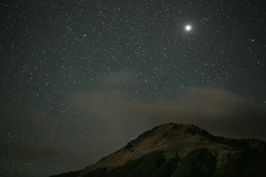 Night time lapse of Mallo mountain in San Martín de los Andes, Patagonia, Argentina. Circle movement of stars and clouds. Astrological photography. Shooting stars, milky way, bright stars, mars.