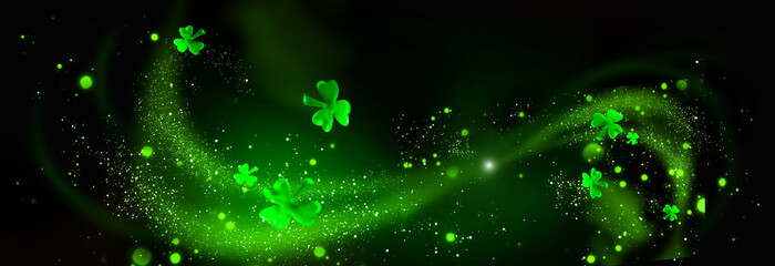 St. Patrick's Day. Green shamrock leaves over black background. Abstract holiday backdrop - 195773243