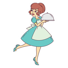 Beautiful waitress with tray.