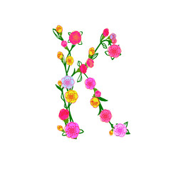 Obraz na płótnie Canvas Cute Colorful Floral Alphabet - Letter K Isolated on White Background for Postcard, Stationeries, Logo, Web and Decoration. Elegant Floral Monogram Letter K Logo Design