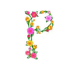 Cute Colorful Floral Alphabet - Letter P Isolated on White Background for Postcard, Stationeries, Logo, Web and Decoration. Elegant Floral Monogram Letter P Logo Design