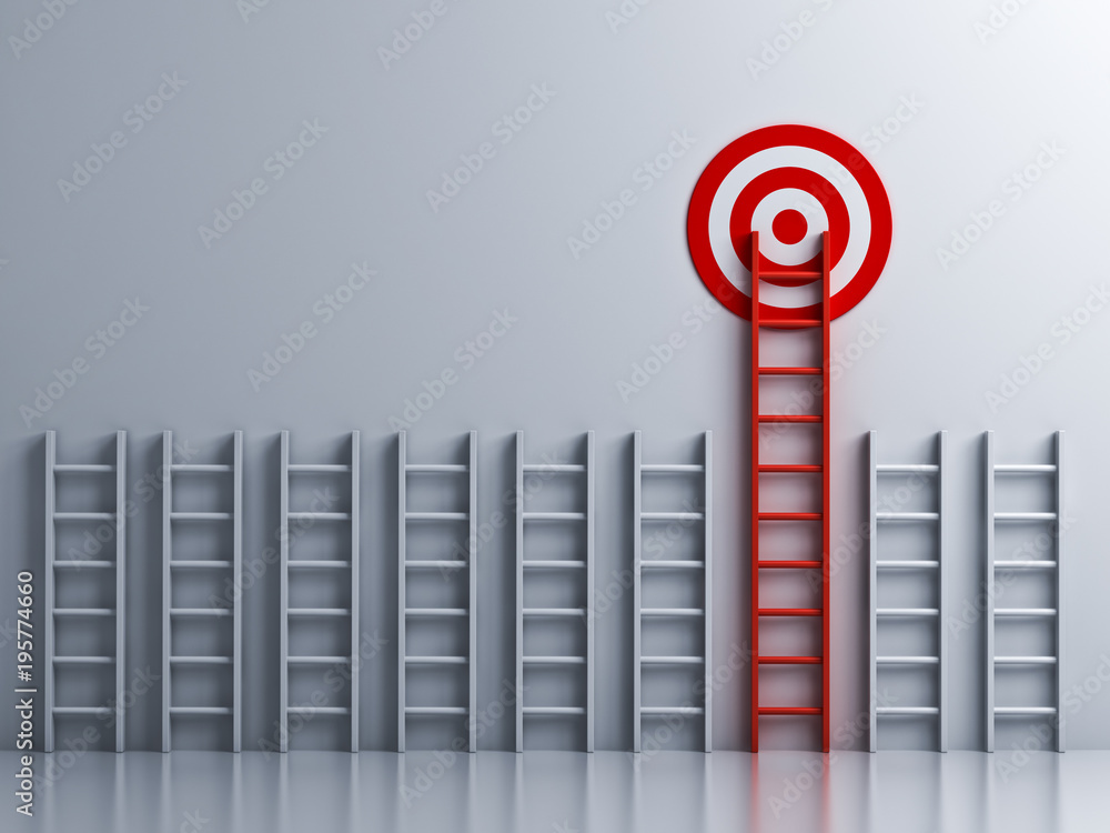 Poster long red ladder to goal target . 3d rendering.