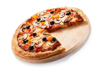 Pizza pepperoni with tomatoes, mushrooms and olives 