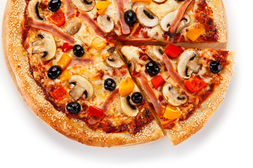 Pizza pepperoni with tomatoes, mushrooms and olives 
