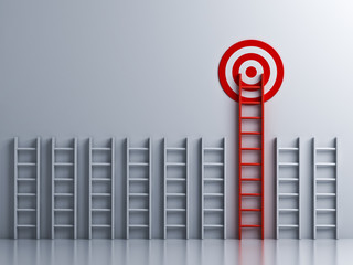 Long red ladder to goal target . 3D rendering. © masterzphotofo