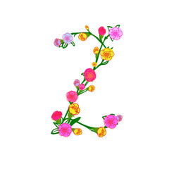 Colorful Floral Alphabet - Letter Z Isolated on White Background for Postcard, Stationeries, Logo, Web and Decoration. Elegant Floral Monogram Letter Z Logo Design