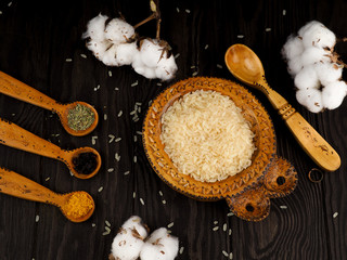 Asian cuisine, spices, rice, chickpeas and turmeric on a plate