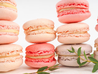 Colorful macaroons, Colorful french dessert, traditional french colorful macarons in a rows in a box