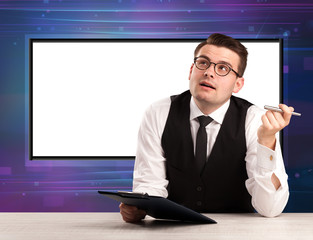 Television program host with big copy screen in his back