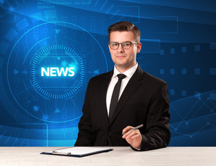 Modern televison presenter telling the news with tehnology background
