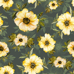 Beautiful yellow flowers with leaves and their outlines on khaki background. Watercolor painting. Hand drawn illustration.