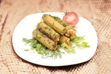 Closeup of Cooked Zucchini Stuffed with Rice, Egyptian and Greek Food