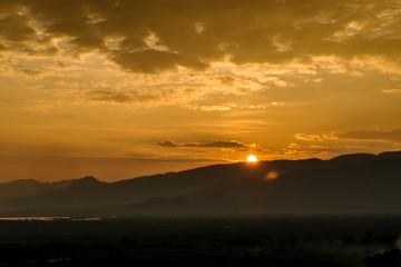 landscape with dramatic sky during sunset. The mountains in Myanmar, Inle lake