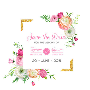 Save the Date Card Template with Golden Glitter Frame and Pink Flowers. Wedding Invitation, Greeting with Floral Ornament. Vector illustration