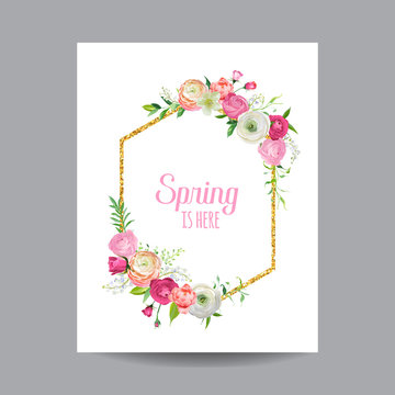 Blooming Spring and Summer Floral Frame with Golden Glitter Border. Watercolor Roses Flowers for Invitation, Wedding, Baby Shower Card in Vector