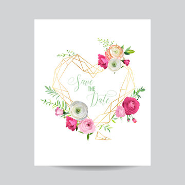 Wedding Invitation Floral Template. Save the Date Heart Frame with Place for your Text and Pink Flowers. Greeting Card, Poster, Banner. Vector illustration
