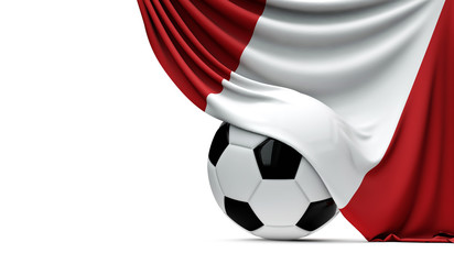 Peru national flag draped over a soccer football ball. 3D Rendering