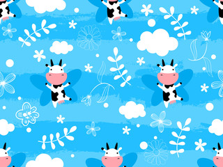 Seamless pattern with cute dancing flying cow, clouds, stars, flowers vector background. Perfect for wallpaper, pattern fills, web page background, surface textures, textile. Creative childish texture