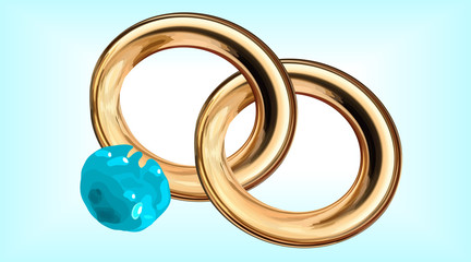  illustration of two wedding rings with one sapphire gold, isolated, on a blue background