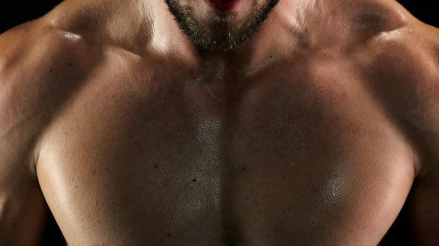 Close up muscular sweaty chest of sportsman. Toned male body doing exercises with rubber band close up. Hard efforts in muscles building.