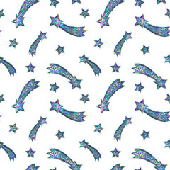 Seamless Holographic Stickers Pattern. Falling stars on white