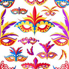 Obraz premium Seamless pattern of carnival face masks. Masks for party decoration or masquerade. Colored mask with feathers. Vector illustration on white background. Web site page and mobile app design