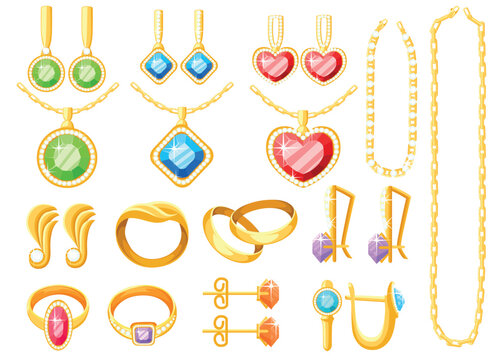 Set of golden jewelry. Golden rings, earrings, chains, and necklaces collections. Cartoon jewelry accessories. Vector illustration isolated on white background