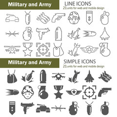 Simple and line army icons set