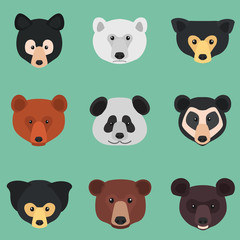 Set of different bear muzzles color flat icons