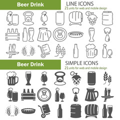Line and simple beer icons set