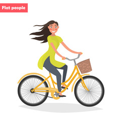 Naklejka na ściany i meble Happy girl on a bicycle color flat illustration