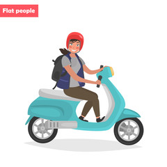 Fototapeta na wymiar Girl on motor scooter color flat illustration
