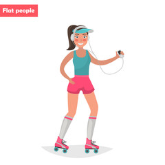 A young girl goes rollerblading color flat illustration