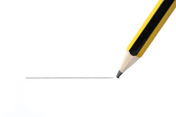 Pencil drawing a straight line, isolated on white background