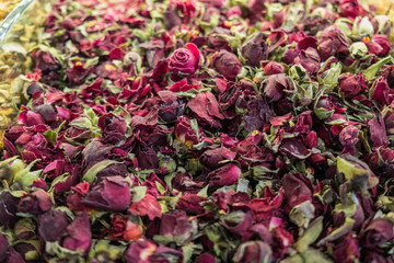 Pile of dry rose flowers for tea preparation