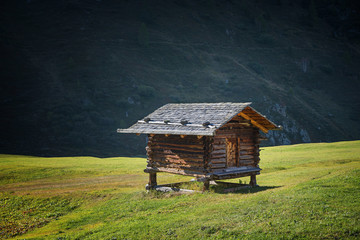 kleine Heuhütte im Gebirge auf einer Wiese