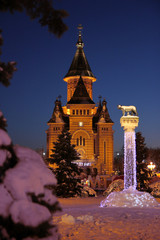 Winter view of the Orthodox Cathedral and Lupa Capitolina statue in front, Timisoara, Romania
