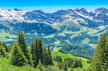 Fototapeta premium Swiss alps in the summer season. Panorama of a picturesque mountain, alpine landscape and a paraglider in flight above the ridge. Resort Engelberg, Switzerland